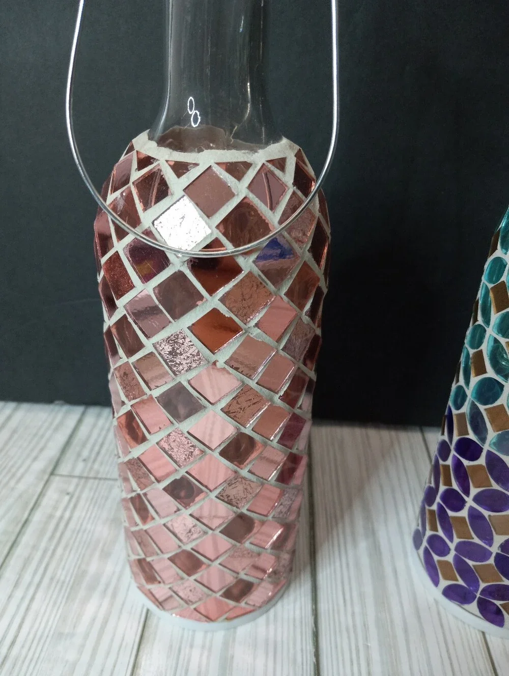 Handcrafted Mosaic Glass Bottle Lantern Fairy Light Set - Pink and Teal